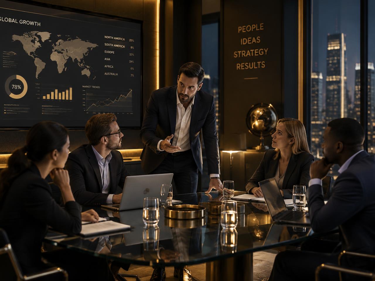 Leadership team reviewing business performance in a modern office